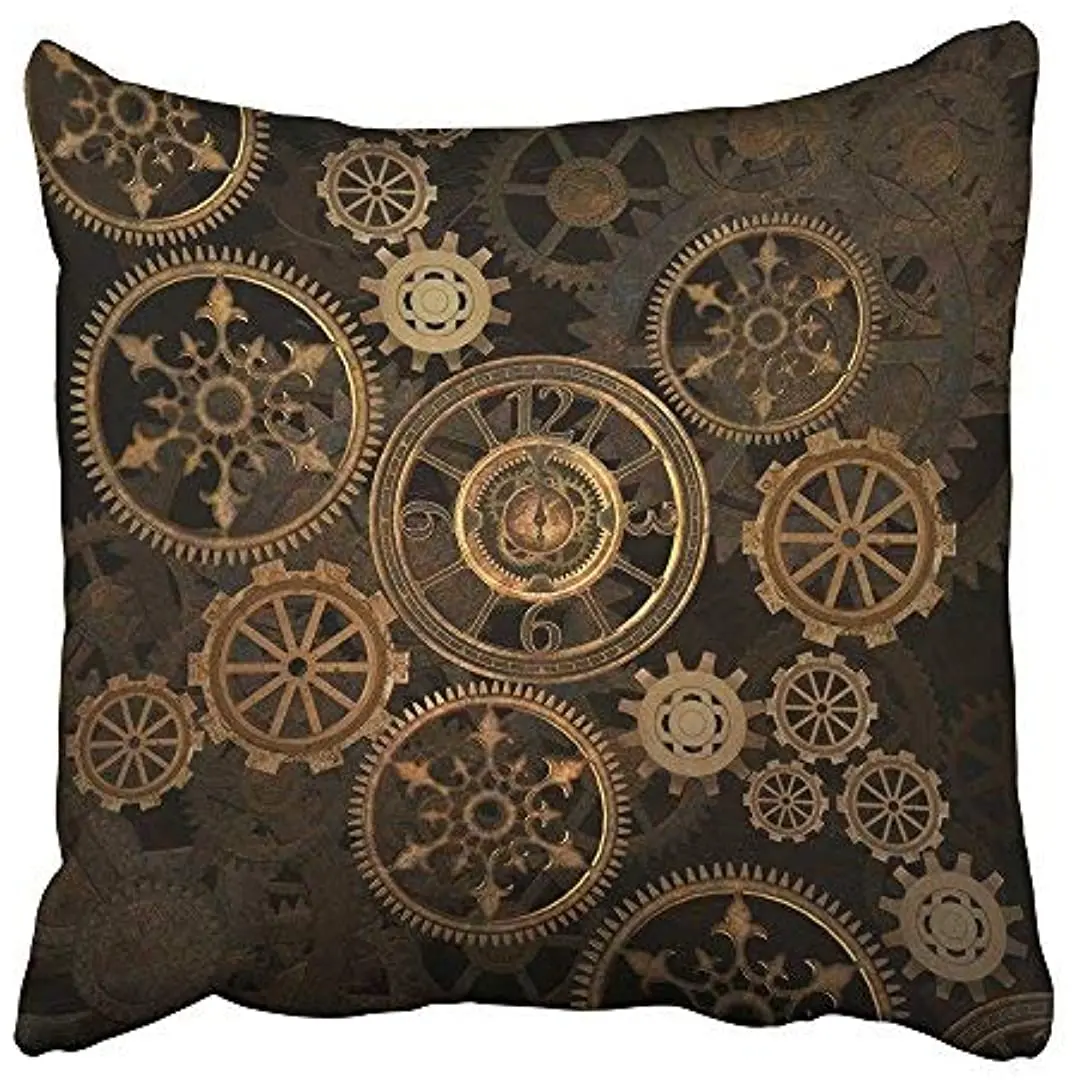 

Emvency Throw Pillow Cover Square Steampunk Steam Punk Gears Clock Abstract Gold Technology Vintage Bronze Century Polyester