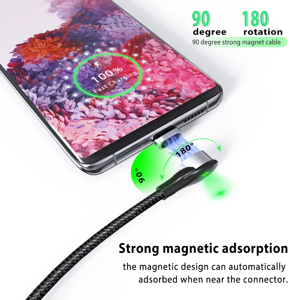 Магнитный кабель 90 градусов Micro USB Type-C зарядный для Samsung S20 A51 A70 3A быстрый передачи