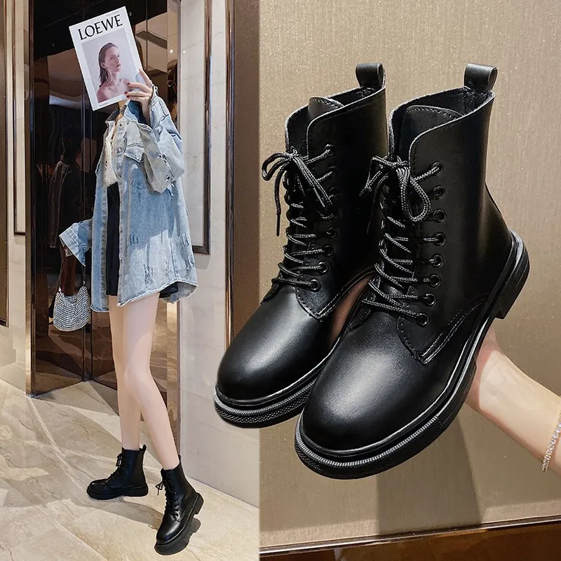 

2021 Motorcycle Women's Boots Winter Soft Leather Shoes Black Botas Female Lace Up Platforms Keep Warm Women Boots Botas Mujer