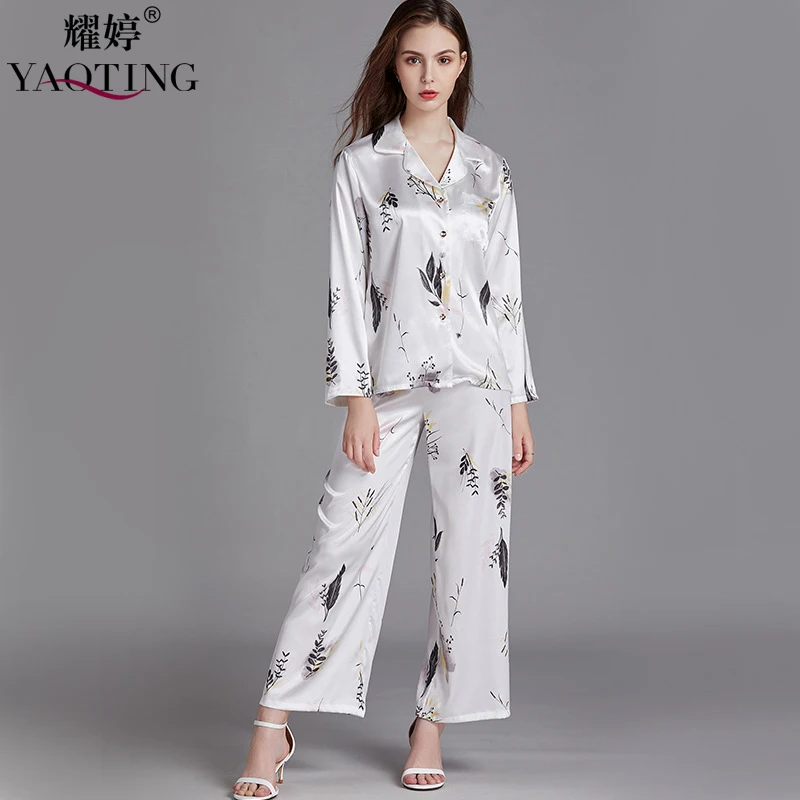 

YAO TING New pyjamas women Spring autumn pijama Sets Ladies Satin Silk Pajama suit 2 pieces High Quality sleepwear camisola