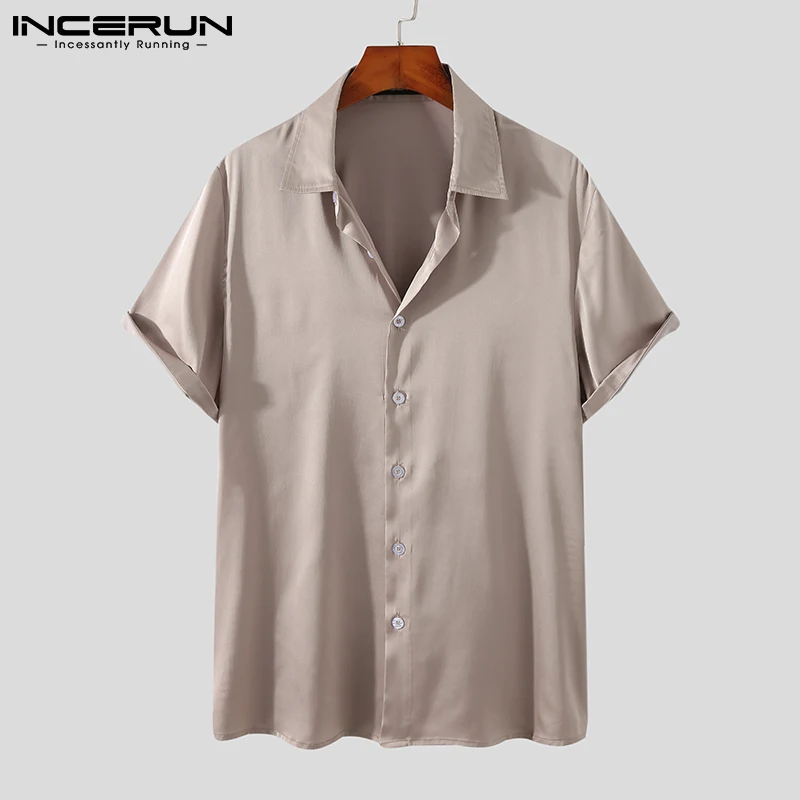 INCERUN 2022 Fashion Men Shirt Solid Color Lapel Short Sleeve Gloss Streetwear Party Casual Men Clothing Summer Leisure Camisas