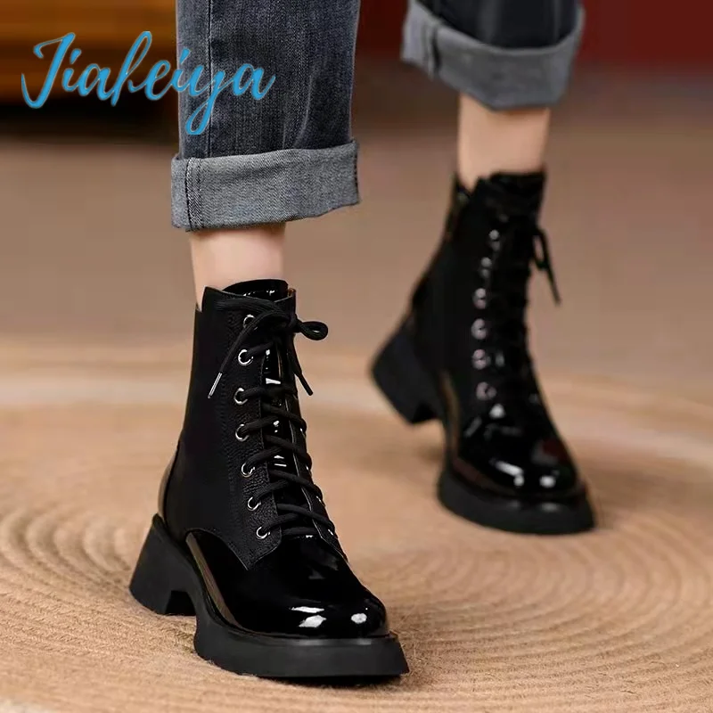 

New Style Women's Boots Glossy Women's Martin Boots Mid-heel Platform Women's Leather BootsThigh High Flat Boots Platform Boots