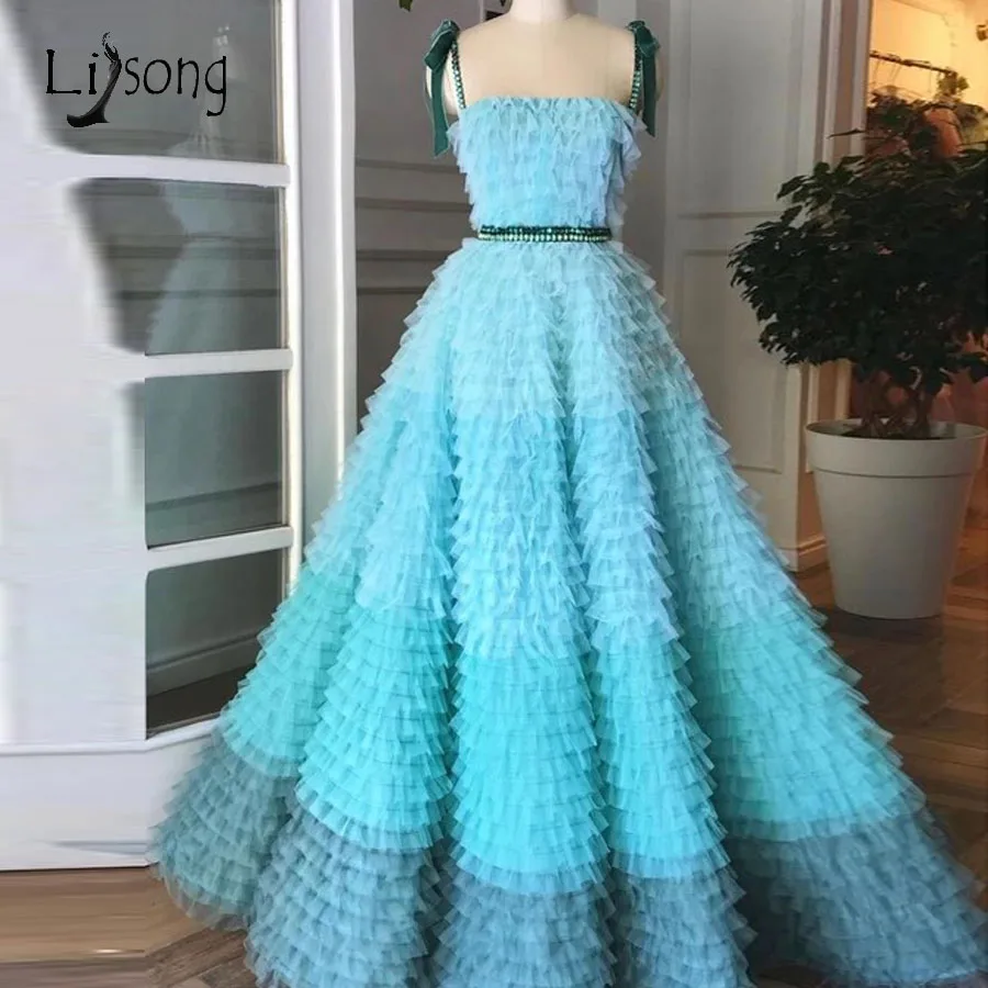 

Princess Mix Color Tiered Ruffles Tulle Evening Dresses A-line Ruched Long Prom Gowns Sparkle Crystal Party Dress