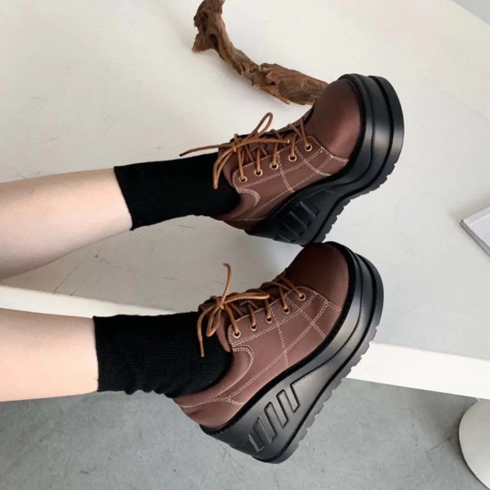 

BONJOMARISA New Arrival Female Fashion Round Toe Pumps Patchwork Lace Up Wedges Pumps Women Casual Wedges Shoes Woman