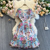 summer floral print embroidery tulle female dress sweet elegant short sleeve a line mesh women dresses 2xl