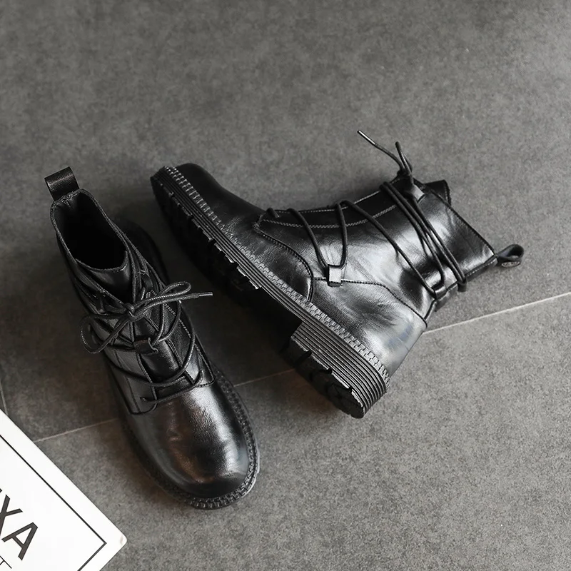 

2019 New Winter Boots Plus Size Solid Black Leather Ankle Boots Lace Up Cross Tie Women Boots Square Low Heels Shoes Woman Boots