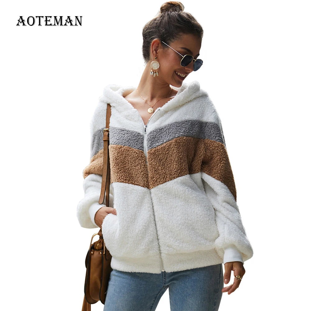 

Осенне-зимнее пальто из искусственного меха, женское повседневное толстое теплое худи 2020, куртка, женские толстовки в стиле пэчворк, свитшо...