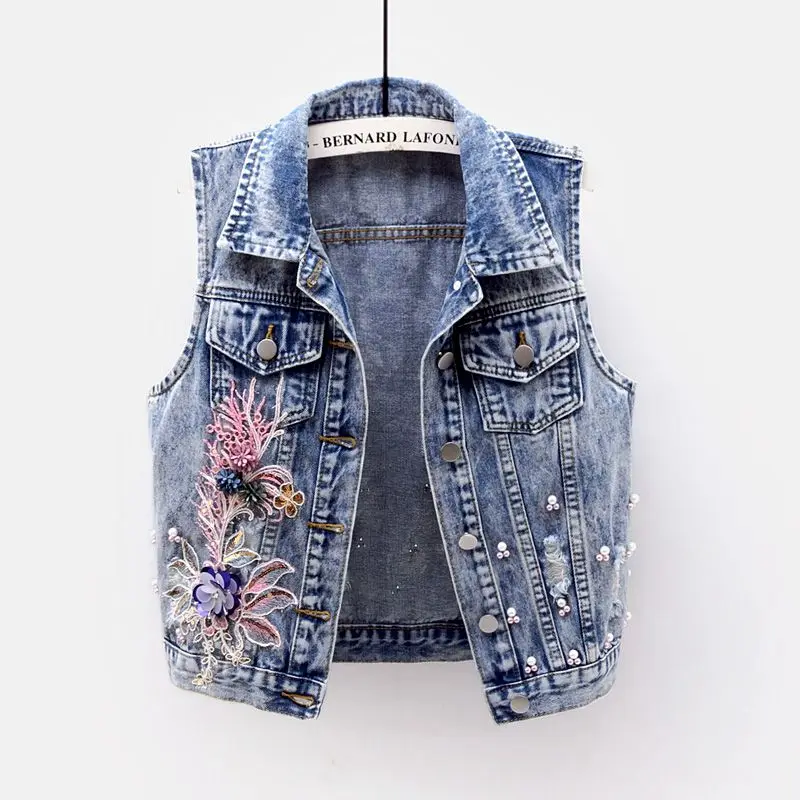 

Denim Vest Women Waistcoat Short 2022 Spring Korean Beading Applique Sleeveless Jacket Coat Vintage Wash Blue Jeans Vest Female