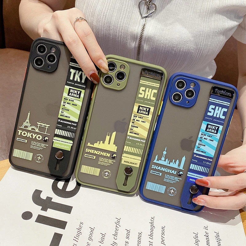 

Hot Luxury Tokyo Shanghai INS travel City Ticket Barcode Wrist Bracket Silicon case for iPhone 11 12 Pro X XS MAX 7 8 plus Cover