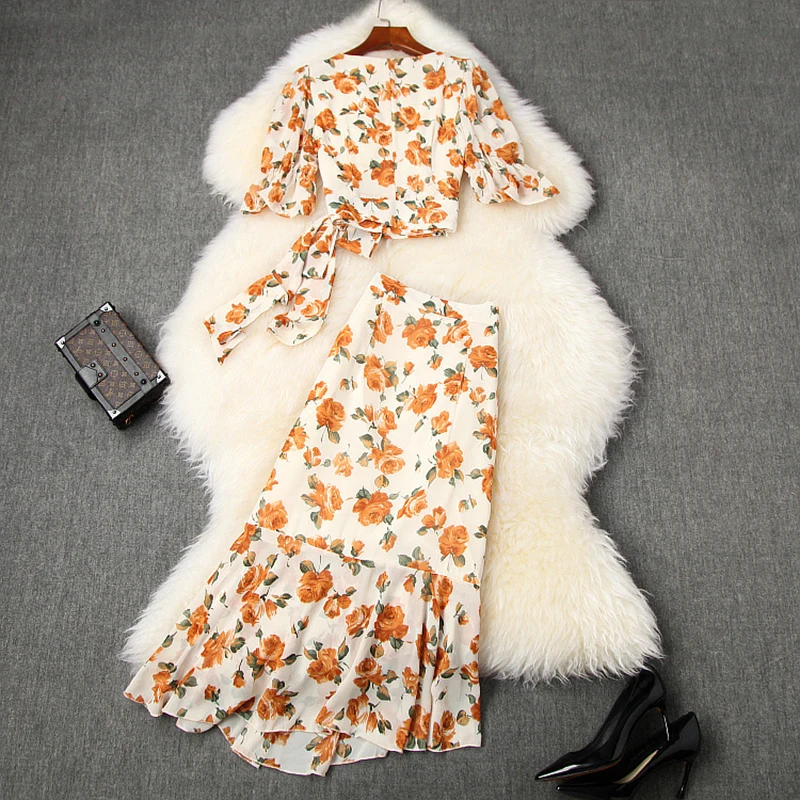 

Crop Sets 2020 Summer Fashion Sexy Skirt Suits Women V-Neck Yellow Floral Print Crop Tops+Mid-Calf Length Sexy Mermaid Skirt Set