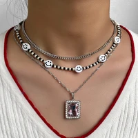 new pink square crystal charm black white smiley beaded necklace for women multilayer silver color metal chain necklaces jewelry