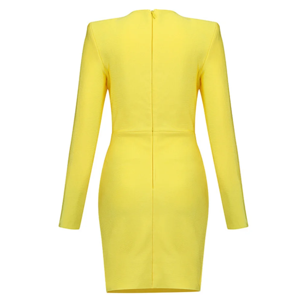 

Sladuo 2021 New Summer Women Sexy Yellow Long Sleeve Bandage Dress Celebrity Club Sequined Hollow Out Simple Slim Evening Dress