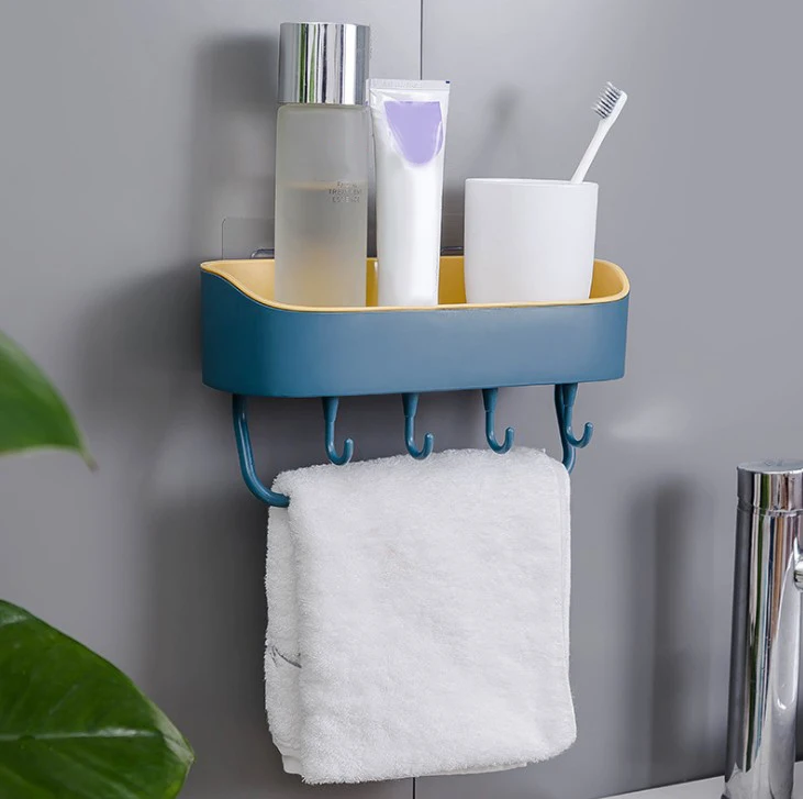 

1PC Multifunctional Shelf Wall-mounted Rack With Hooks Punch-free Storage Racks Bathroom Kitchen Shelf