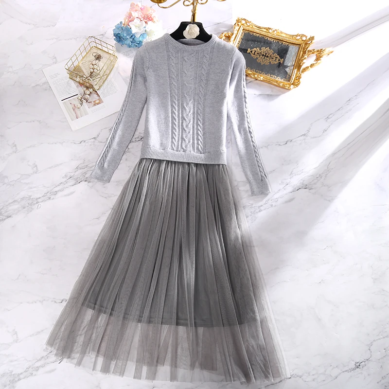 Осенне-зимнее элегантное платье-свитер Mori Girl с круглым вырезом сетчатые женские