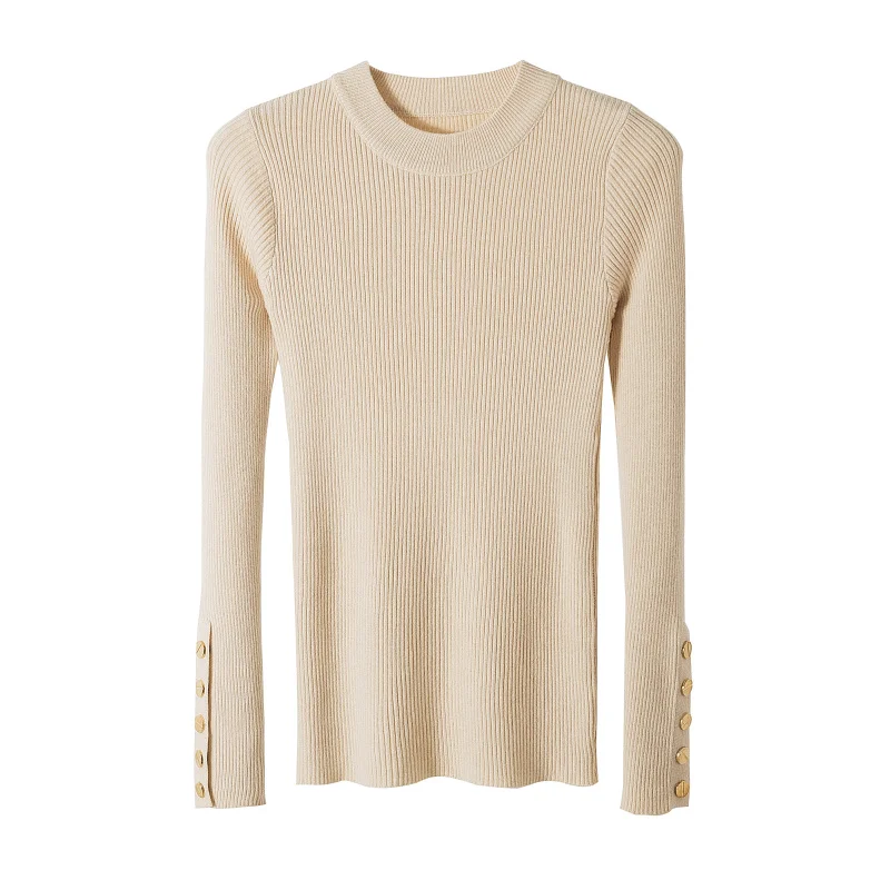 

Side Button Knitted Women Sweater Pullovers Autum New Solid O-Neck Elastic Office Lady Elegant Pulls Tops