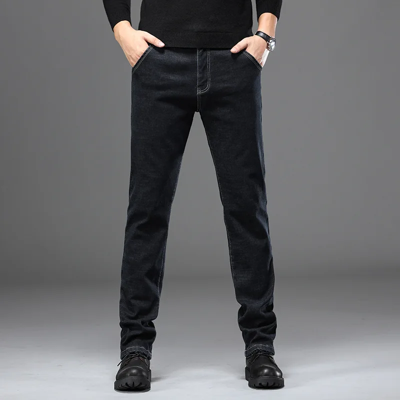 Winter Keep Warm Jeans Men's Plus Velvet Trousers Business Casual Loose Straight Black Blue Elasticity Denim Pants Large Size46