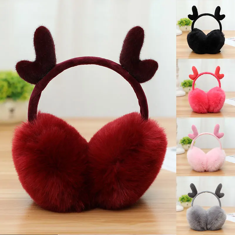 

Lady Winter Earmuffs Warm Earmuffs Solid Color Elk Antlers Earlap Christmas Headband Earmuff Women Earwarmers Ear Warmers
