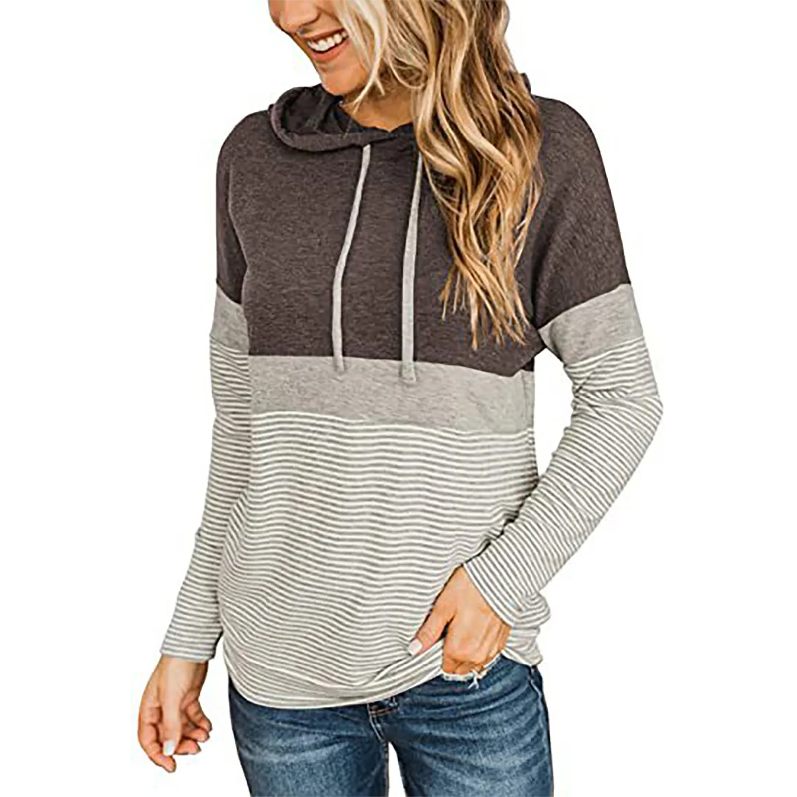 

Women's Casual Hoodies Fashion Patchwork Strpied Printed Long Sleeve Sweatshirts For Women Outwear Autumn Pullovers pull femme