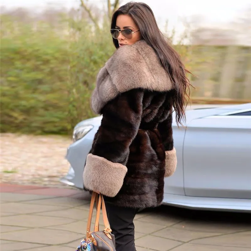 BFFUR Fashion Natural Mink Fur Coats Women Medium Length Genuine Mink Fur Jacket With Silver Fox Fur Collar Fur Overcoats 2022