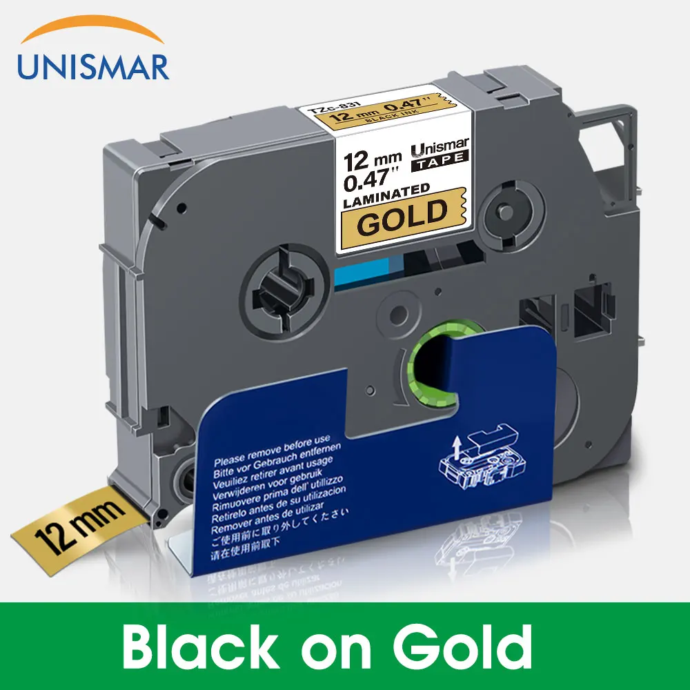 

Unismar Black on Gold TZe-831 TZe-231 12mm 1/2" Laminated Labels Tape TZ-831 TZe831 Ribbon for Brother P-touch PT Label Maker