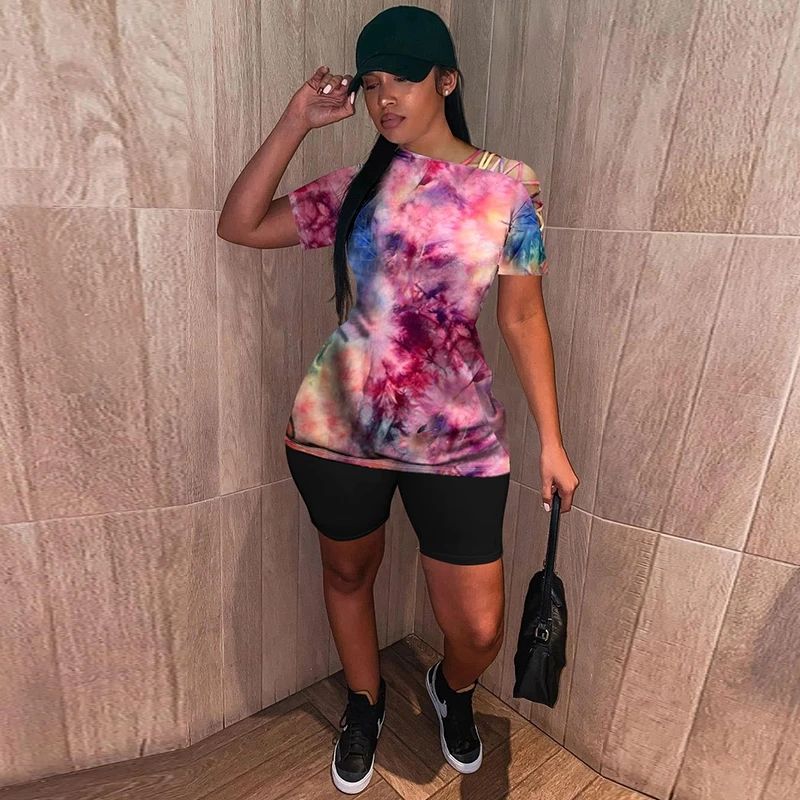 

Tie Dye Two Piece Set Bandage Shoulder T Shirt Top Biker Shorts for Women Tracksuit Summer Outfits Sexy Matching Sets