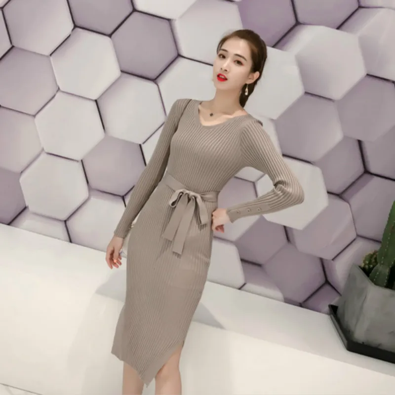 2019 осенне-зимнее женское платье-свитер эластичное Повседневное трикотажное