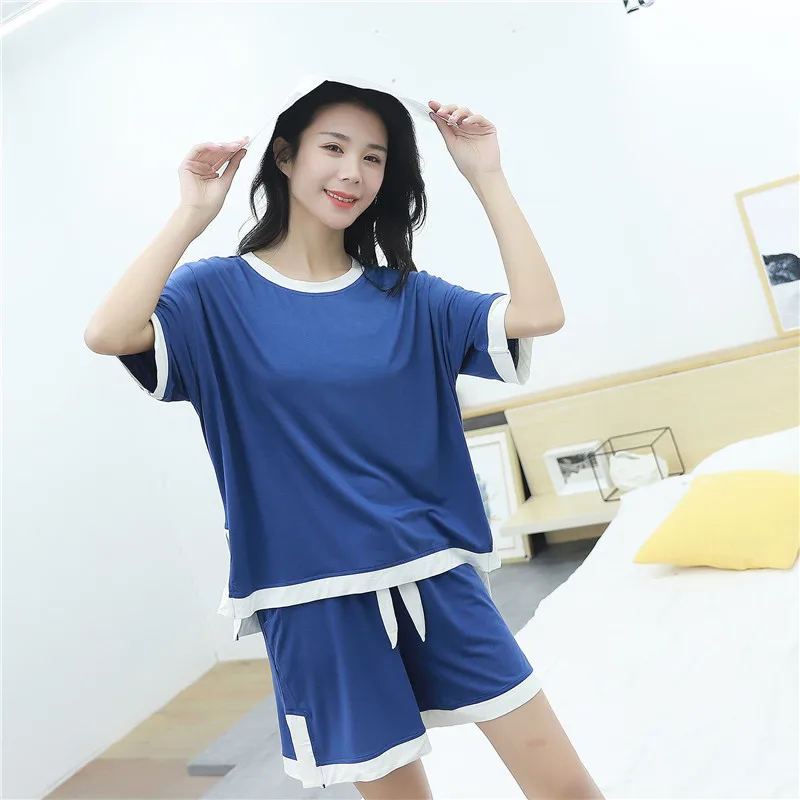 

Summer Modal Pyjamas Korean Female Short Sleeve Shorts Pajamas Set Two-piece Round Neck Sleepwear Pink Home Wear Woman Clothes