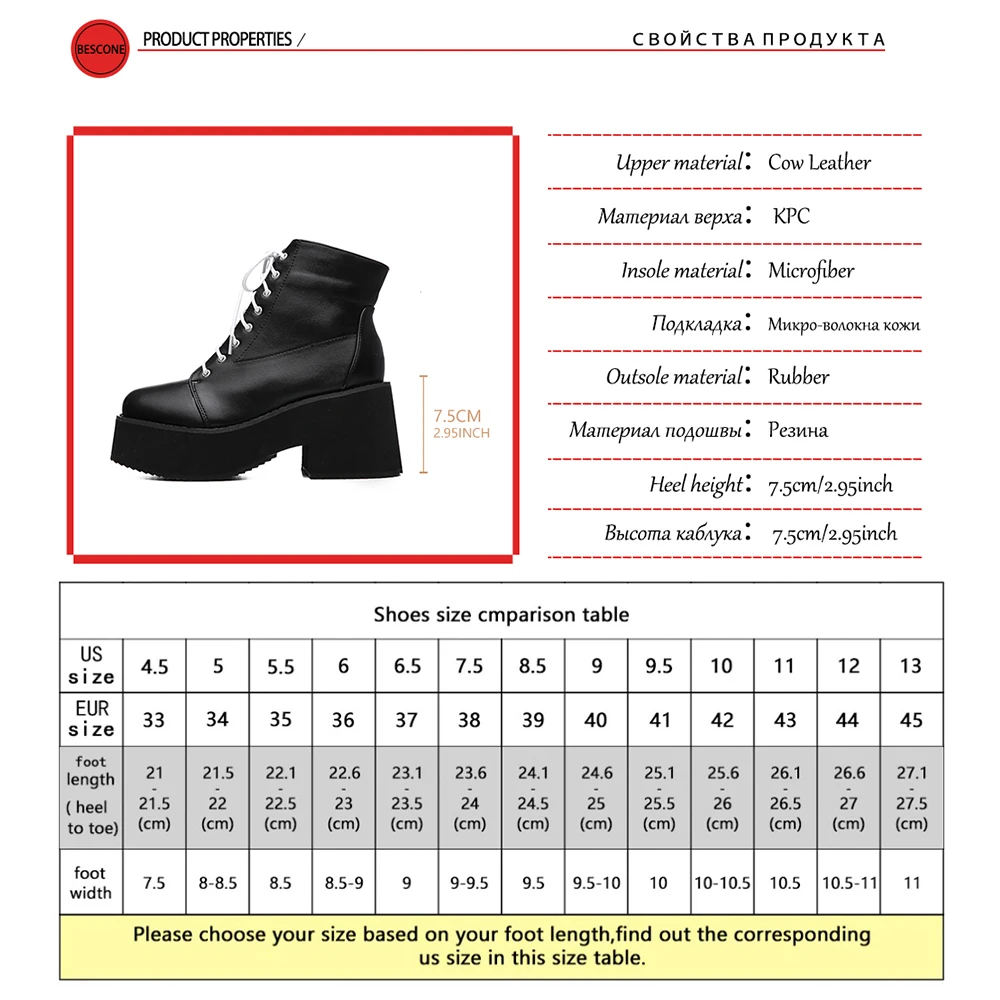 

Bescone New Women's Shoes Fashion Punk Style Lace Up Chunky Heel Round Toe Ladies Boots High Platform Woman Ankle Boots BO748