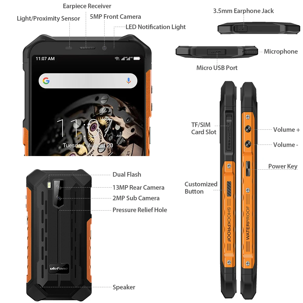 Смартфон Ulefone Power X5 IP68 Android 5 дюймов 3 Гб+32 Гб 5000 мА/ч 4G для двух сим карт|Смартфоны| |