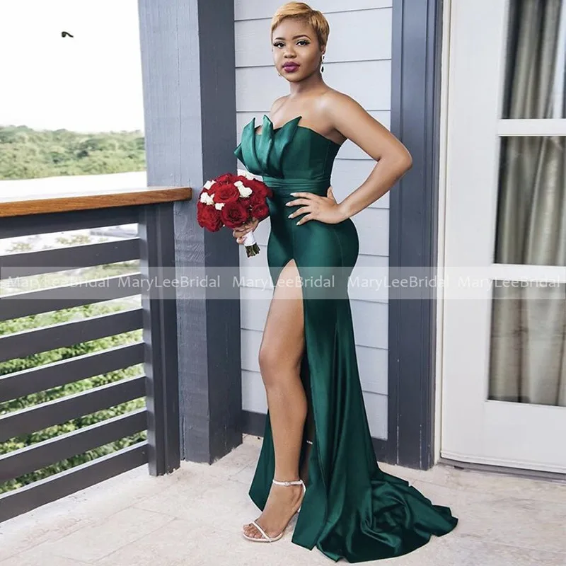 

Sexy High Side Split Hunter Green Bridesmaid Dresses Strapless Mermaid Women Long Wedding Party Dress Maid Of Honor Gowns