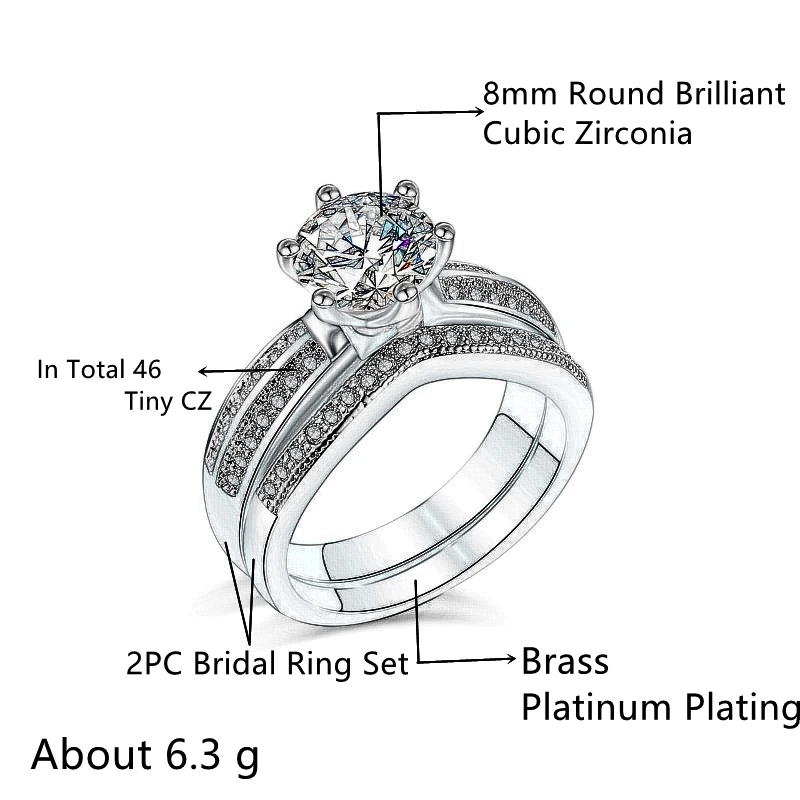 

Classic 2PC Wedding Ring Set with Round Brilliant Cubic Zirconia Eternity Jewelry Engagement Rings for Women & Girlfriend