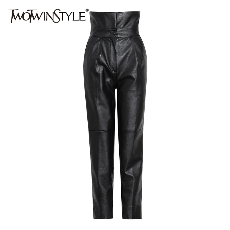 

TWOTWINSTYLE Black Casual Minimalist Pu Pant For Women High Waist Fold Pleated Slim Pants Female 2021 Autumn Clothing Fashion