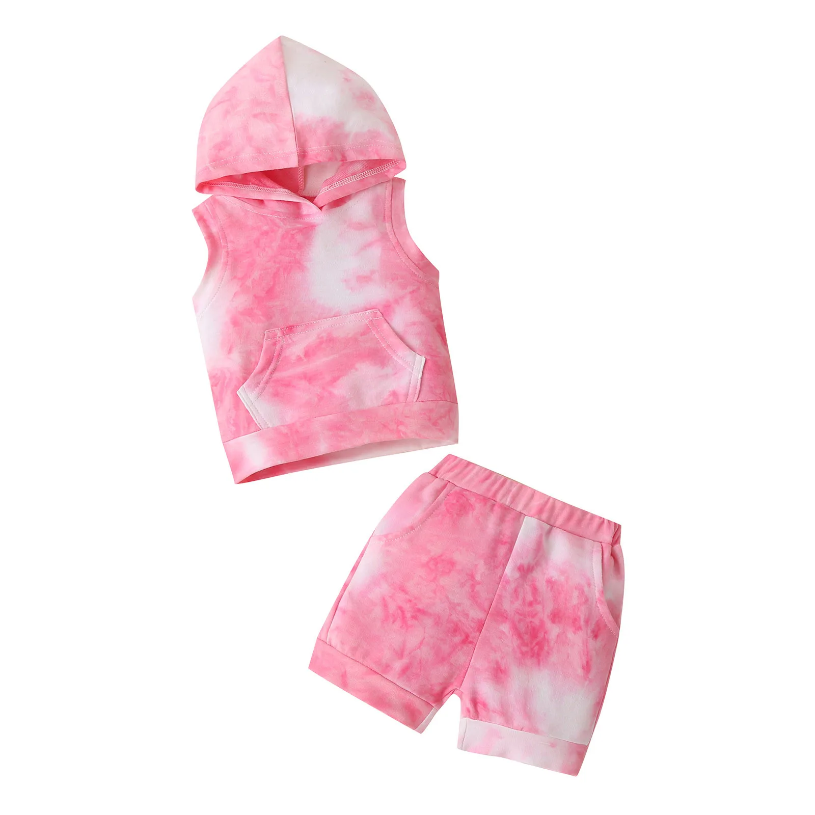 

Toddler Baby Girl Sleeveless Rainbow Tie-dyed Printed Hoodie Tops Shorts Outfits Baby Girl Clothes Set Baby Casual Clothing Sets