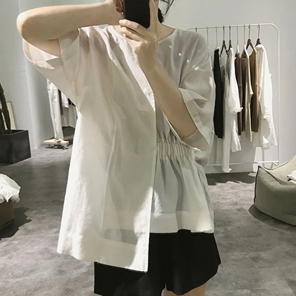 

Patchwork Women Blouse Summer Solid O Neck Blouses Loose Baggy Tops Tunic Shirts Womens Short Sleeve Tops Blusas Mujer 2021