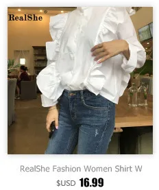 RealShe женская блузка с отложным воротником, с длинным рукавом, одноцветная, с бантом, с оборками, Женские топы и блузки, Весенняя Повседневная рубашка размера плюс, белая