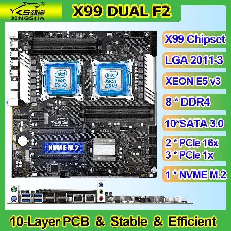 Bestellen Jingsha X99 Dual F2 Motherboard Unterstützung LGA2011-3 Inter Xeon E5 V3 8 * DDR4 1600/1866/2133/2400MHz RAM 10 * SATA 3,0 NVME_M.2 SSD