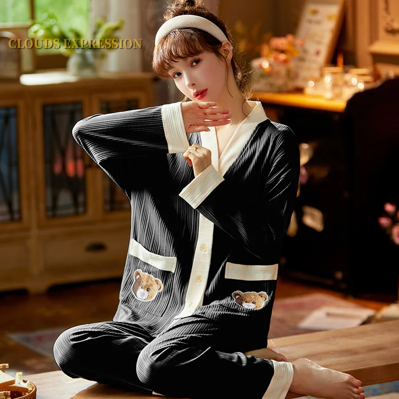 Весенне-осенние новые женские пижамные комплекты с длинным рукавом Женские