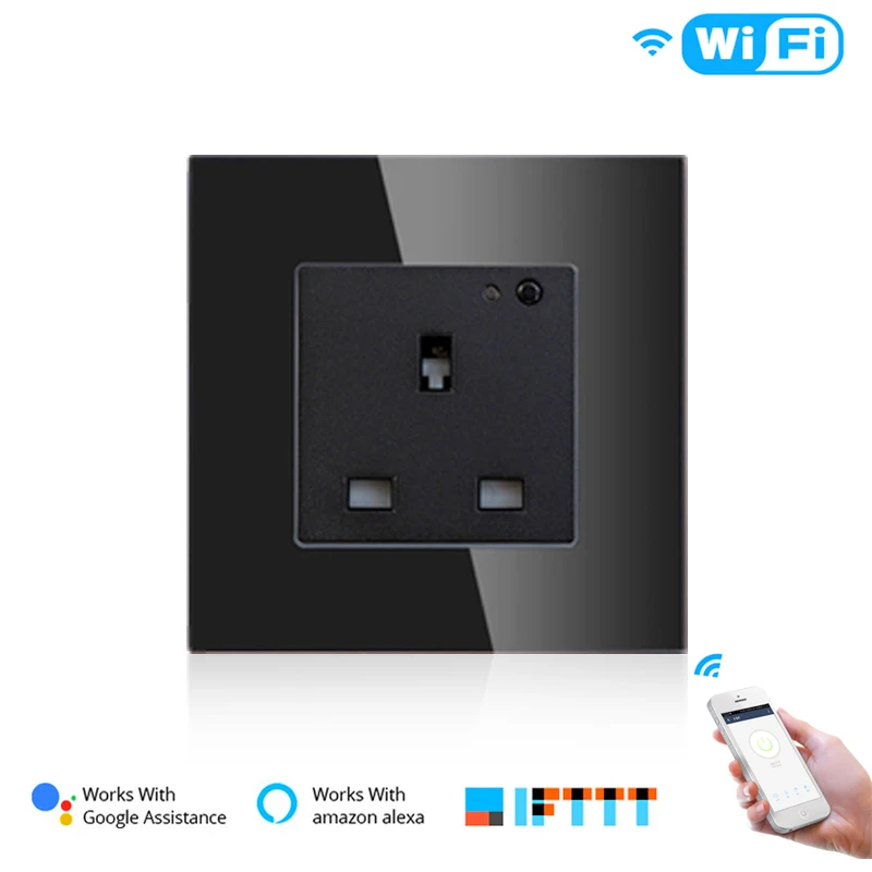 WiFi умная настенная розетка стеклянная панель Smart Life/приложение Tuya дистанционное управление, работает с Amazon Echo Alexa Google Home EU FR UK - Цвет: UK Black