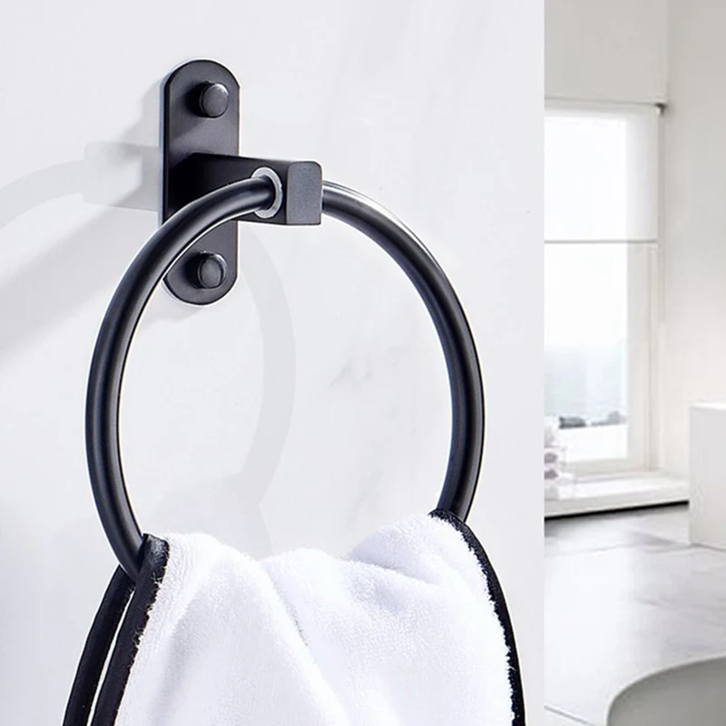 

Matte Black Finish Stainless Steel Bathroom Towel Holder Wall-Mounted Round Towel Rings Towel Rack Bathroom Accessories