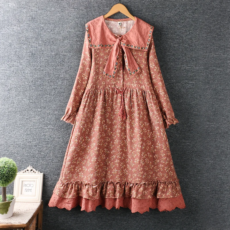 

Женское платье с отложным воротником Mori Girl, осеннее платье из хлопка и льна с цветочным принтом, кружевные женские платья с длинным рукавом