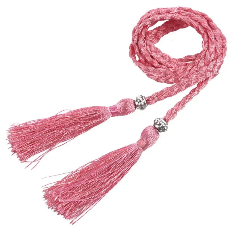 Плетеный пояс с кисточками украшенный узлом цепочка на талию веревка розовый