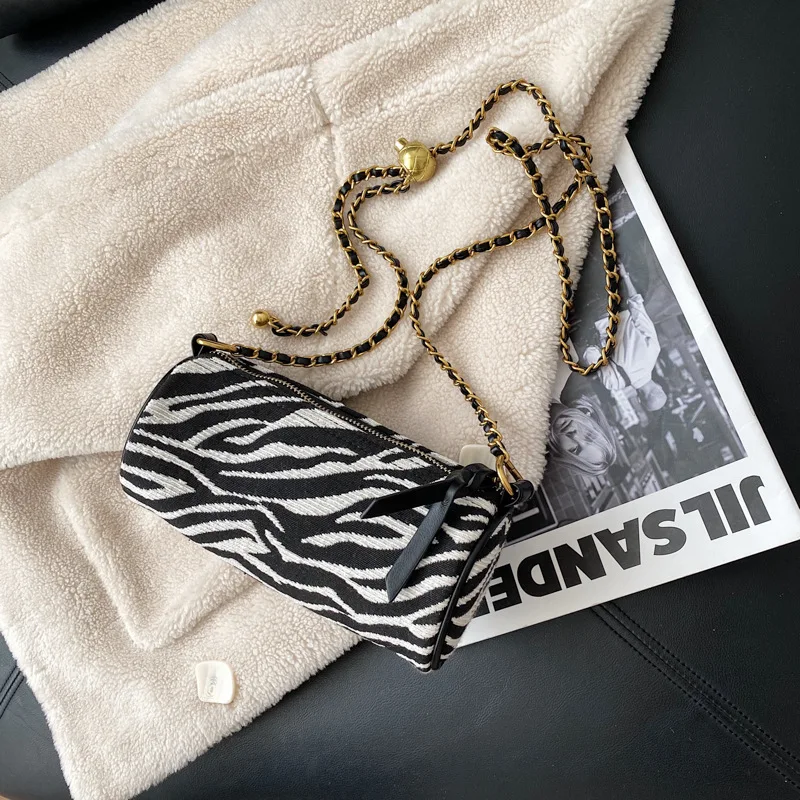 

Fashion Women Shoulder Bag Zebra Stripe Cross Body Bag Women Pack Cylinder Pocket Soft Spring Decorative Canvas Pack