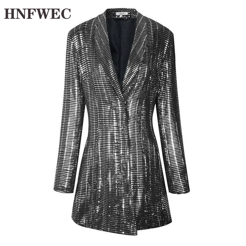 Женский блейзер с блестками на одной пуговице весенняя куртка женский длинный