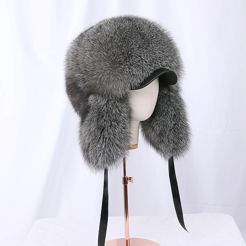 2020 Winter Unisex 100% Real Fox Fur Bomber Hat Raccoon Fur Ushanka Cap Trapper Russian Ski Hats Caps Real Leather Thick Warm