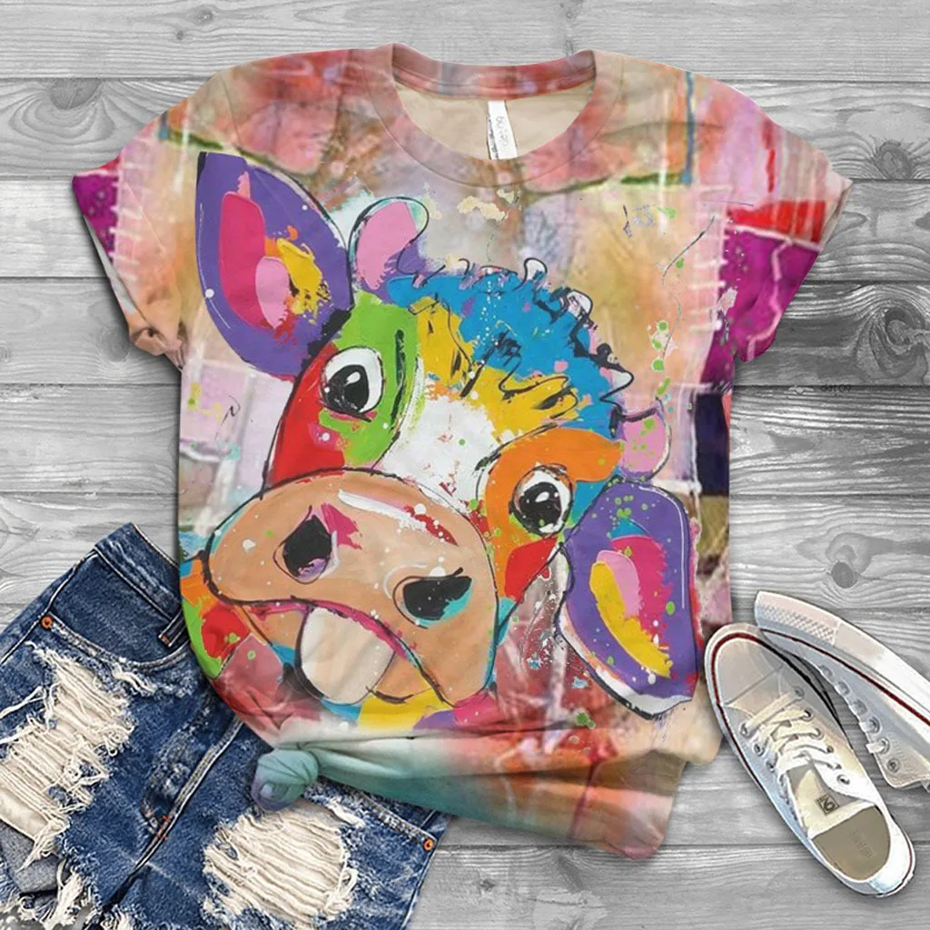 

Women's Printed O Neck Short-Sleeved T-shirt Top Hot Selling Animal Sweet Woman Tshirts Casual Tops Clothing Aesthetic Clothes