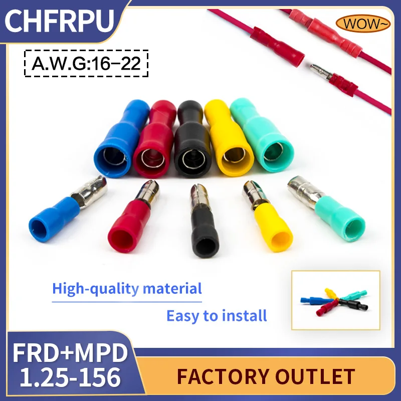 

50Pcs Mixed color Audio Wiring Female and Male Insulated Electric Connector Crimp Bullet terminal FRD/MPD 22~16 AWG