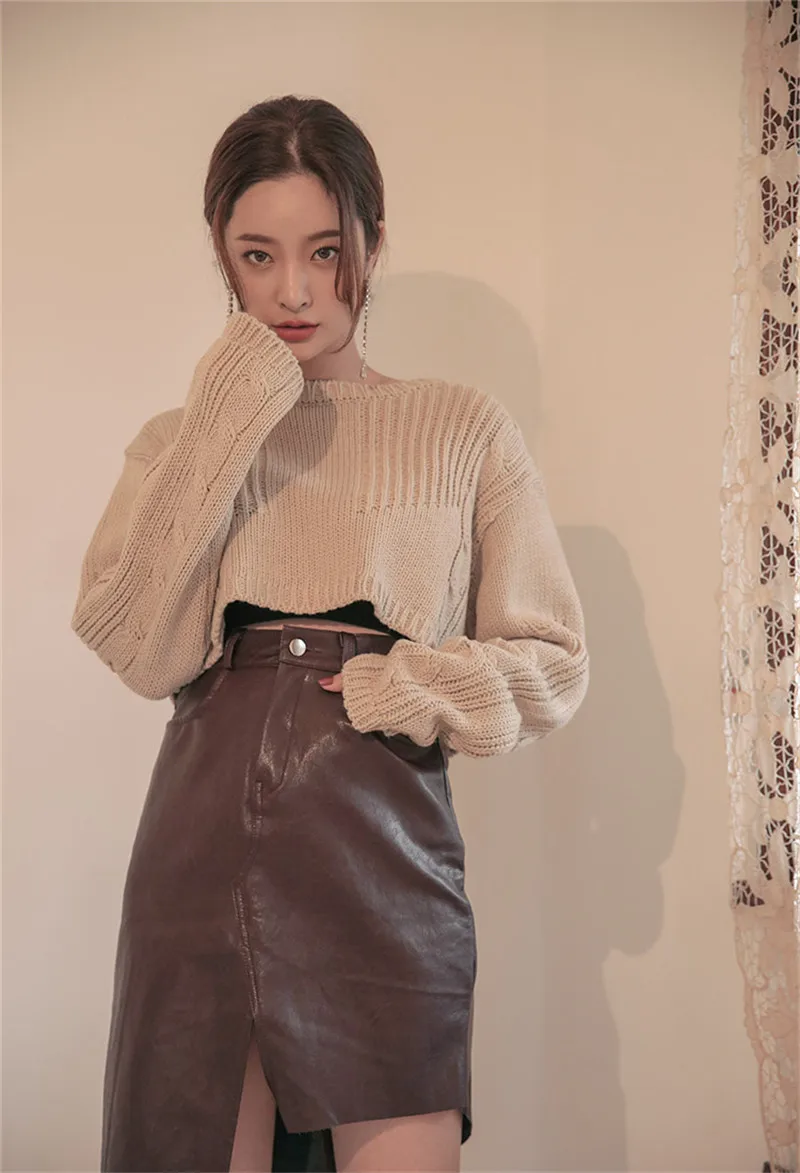

Ins Hot Korean Style Simple Soild Chic Sweater Open Belly Casual Fashion 2020 New Hot Winter Sweater Simple Oversize Pullovers