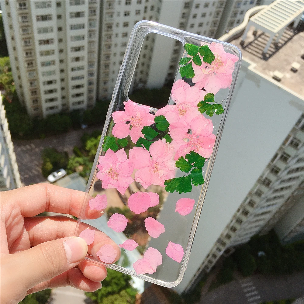 Чехол с прессованными сухими настоящими цветами для Galaxy S21 S20 + мягкая прозрачная