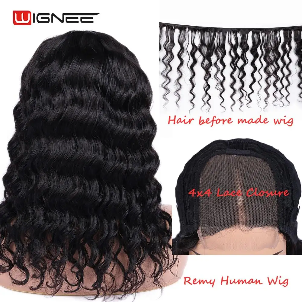 Wignee 4x4 парики из натуральных волос на шнурках свободные глубокая волна для черных