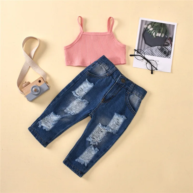 От 1 до 5 лет комплект одежды для девочек 2021 новый летний Модные костюмы детей Топы